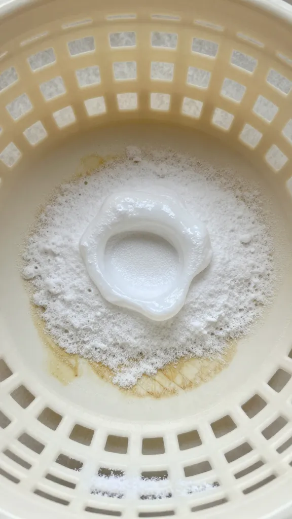 closeup of baking soda paste on stubborn stain inside basket