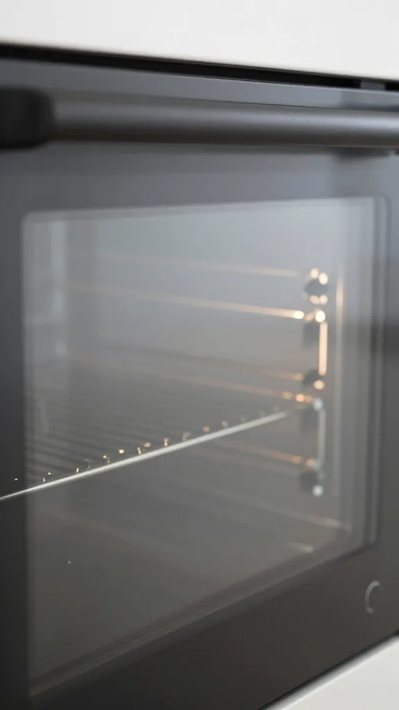 Close-up of a pristine oven glass door reflection
