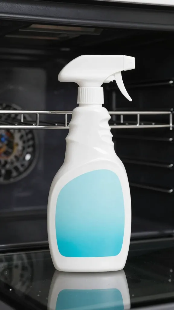 Single cleaning spray bottle aimed at oven glass close-up
