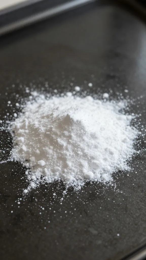Focused shot of baking soda sprinkled on oven glass surface