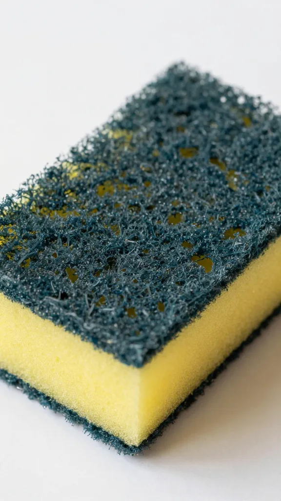 Focused closeup on non-abrasive sponge scrubbing burnt residue