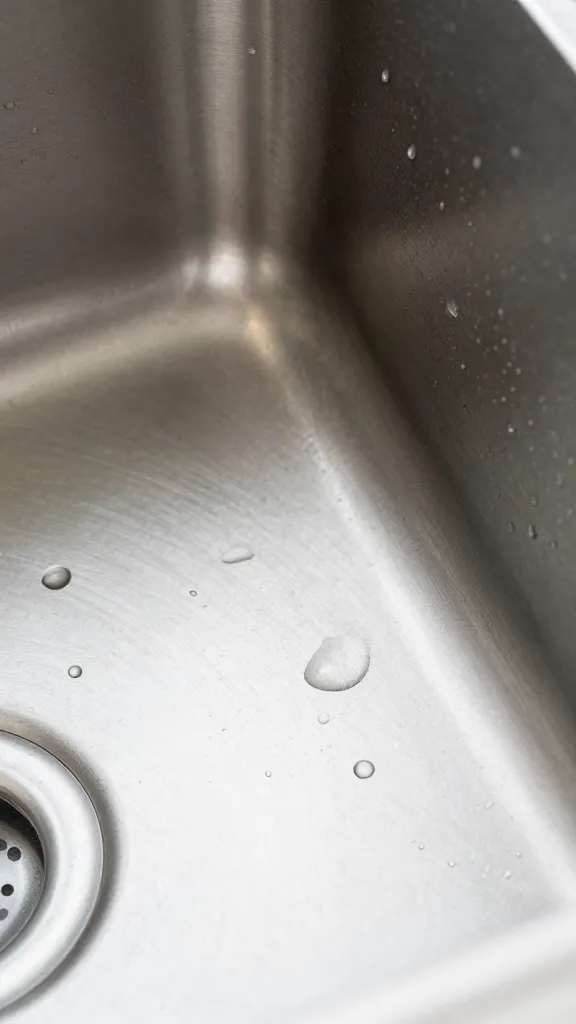 Closeup of pristine stainless steel sink corner with water droplets