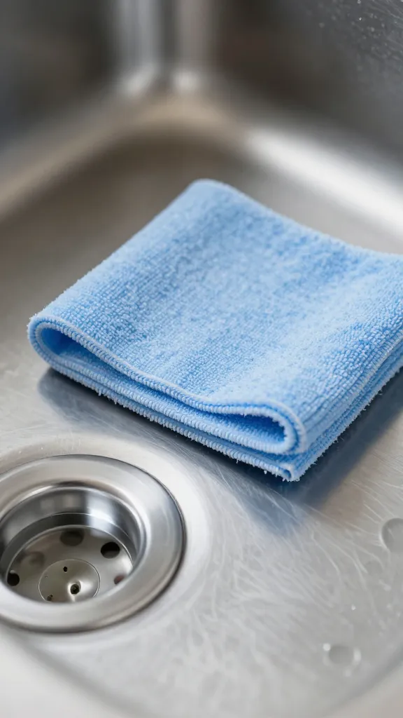 Macro shot of microfiber cloth polishing stainless sink surface