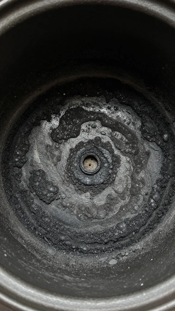 Closeup of a burnt pot interior with carbonized crust