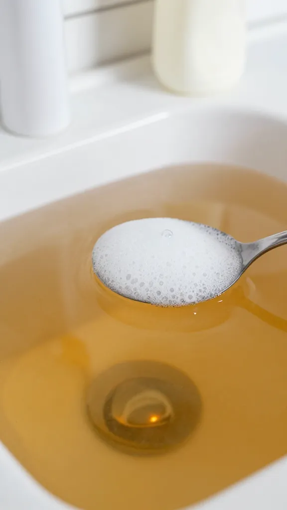 Closeup of warm water, dish soap, white vinegar on cabinet surface