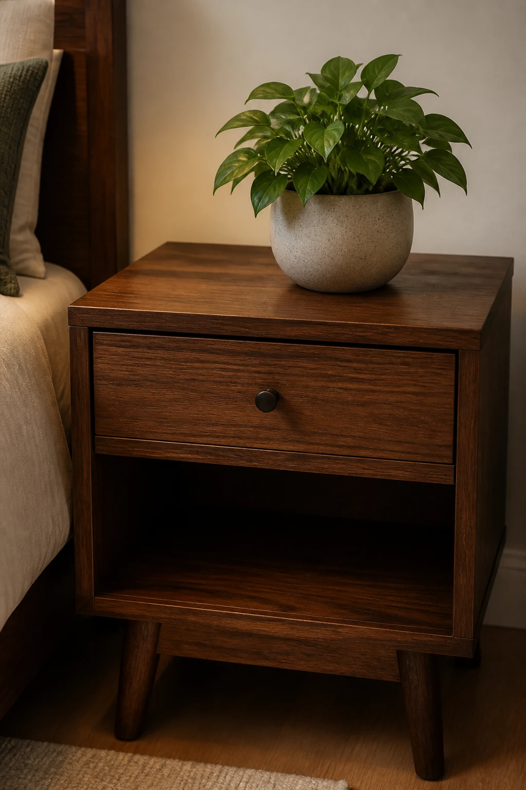 Closeup of a single tidy nightstand with a small plant