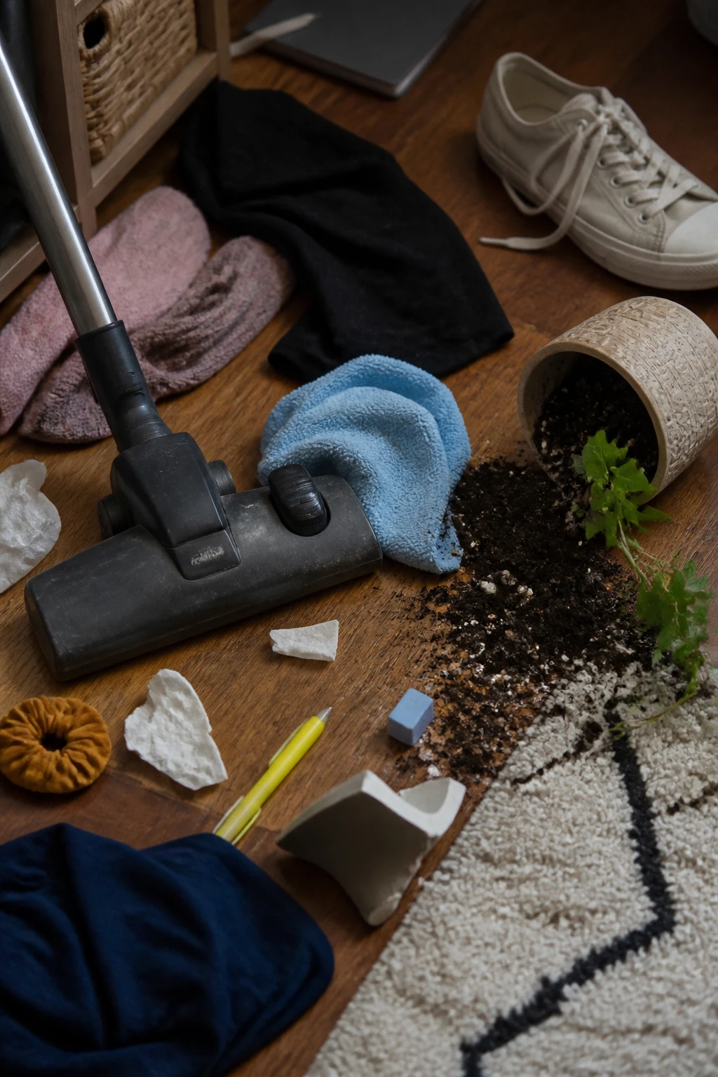 Closeup of a single cluttered floor area mid-cleaning chaos