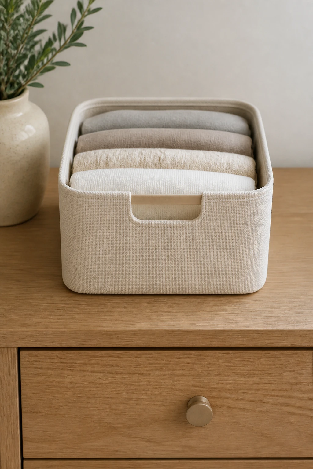 Closeup of a single minimalist dresser top with one neatly arranged bin labels